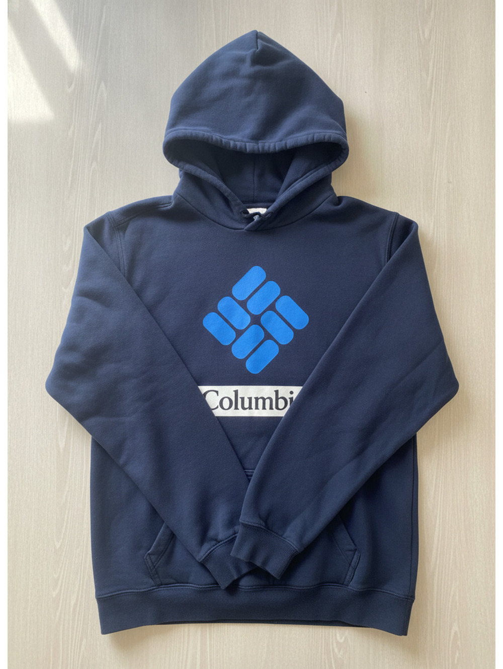 Columbia Men's Navy Blue Hoodie with Blue Logo, Very Good Condition